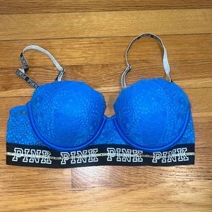 PINK logo blue lace bra